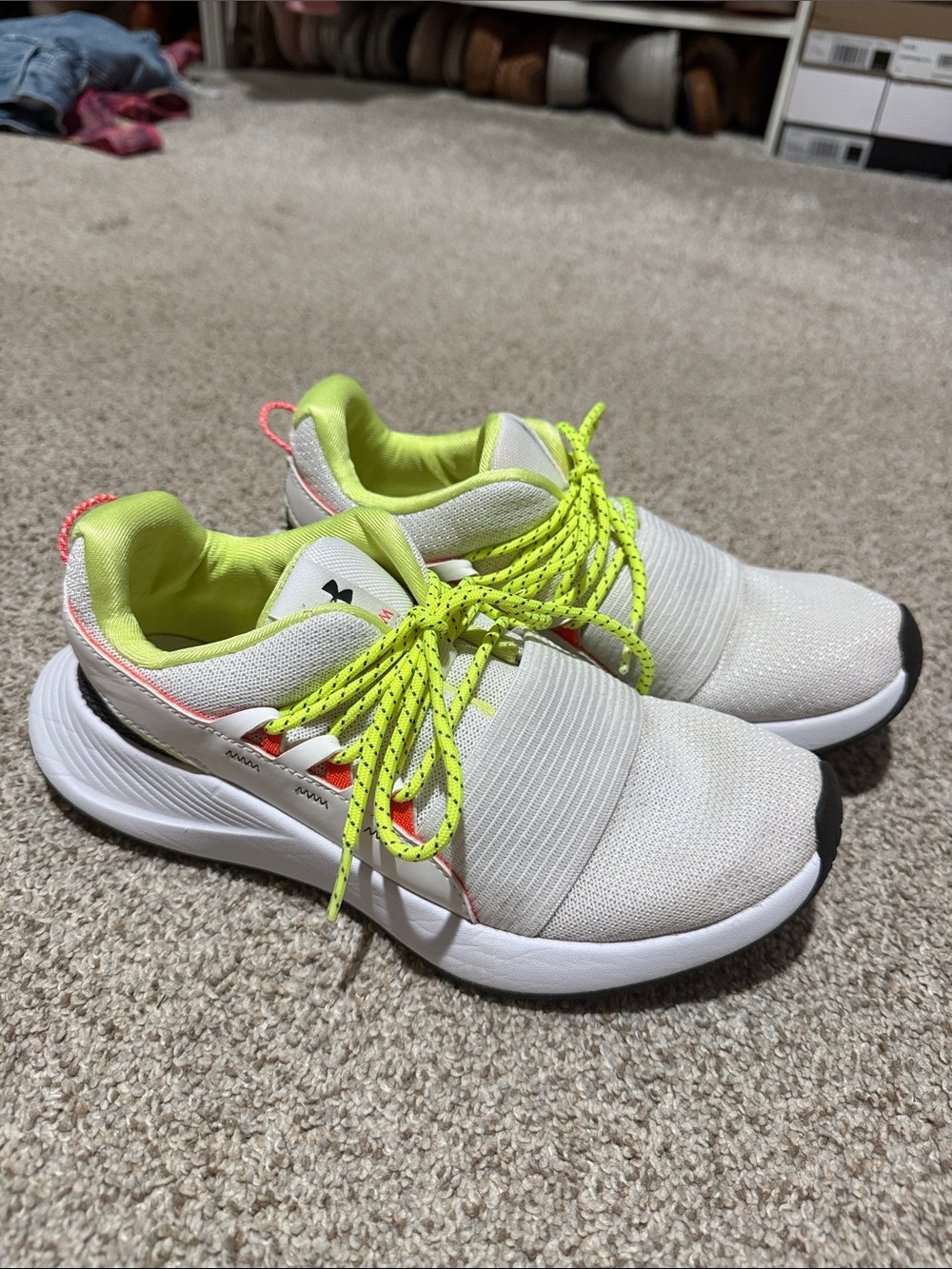 Under Armour White Sneakers with Neon Yellow and Pink Accents